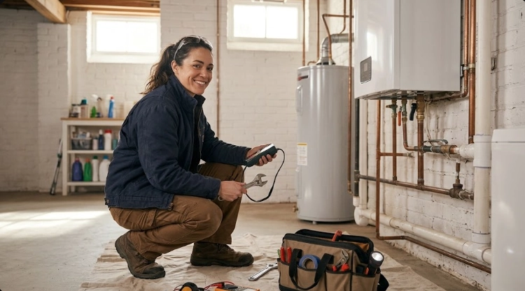 Certified plumber performing digital gas line pressure testing and leak detection on black iron pipe