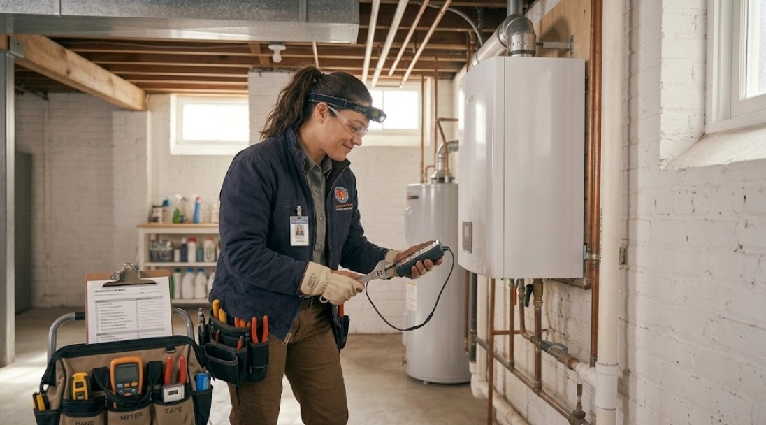 Modern gas boiler installation and mechanical repair in a residential basement