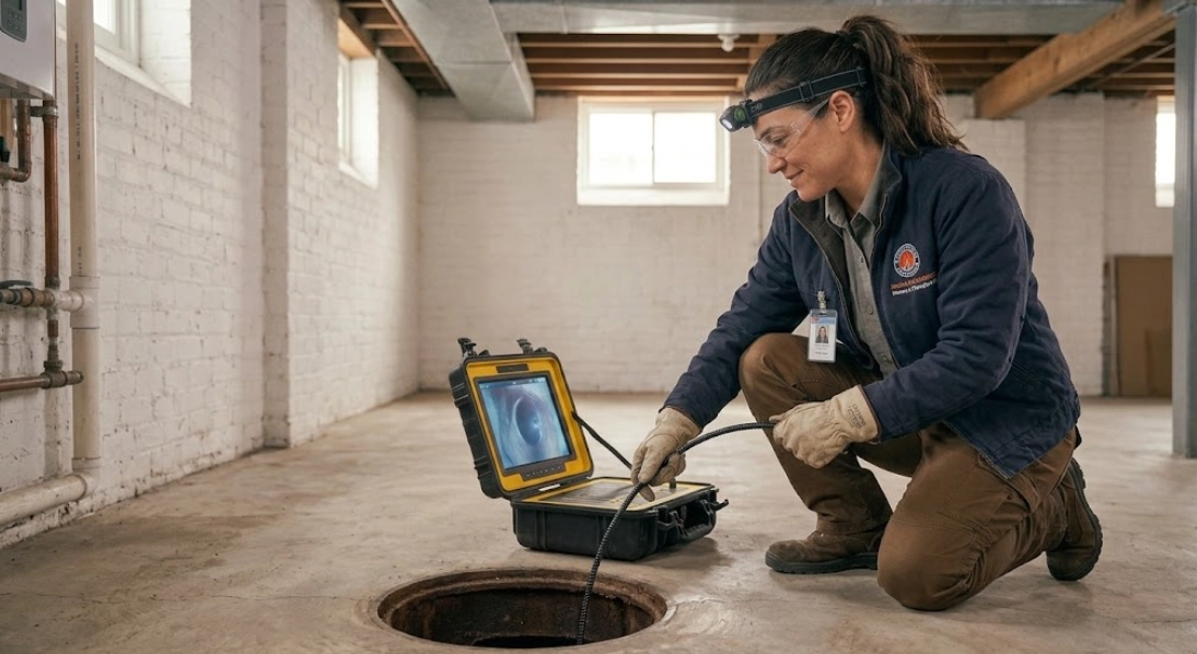 High-definition sewer camera inspection monitor showing interior pipe condition