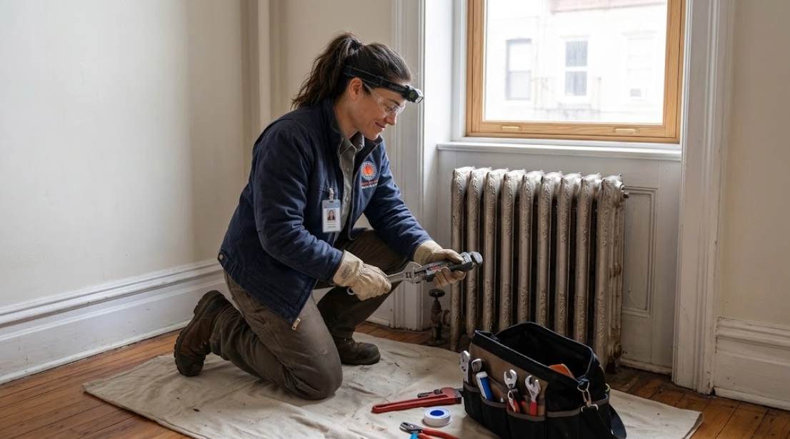 Plumber replacing a brass radiator shutoff valve and spud connection on cast iron radiator